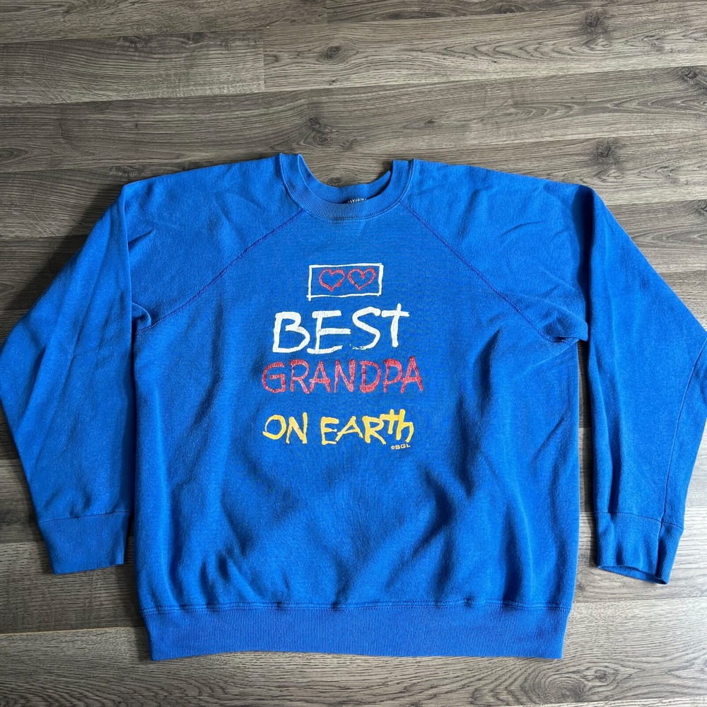 VTG Best Grandpa Sweatshirt Mens Large 1990s Raglan Blue On Earth Hearts USA
